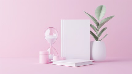 A white book sits on a table next to a pink hourglass and a potted plant