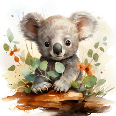 Watercolor Koala Face Close Up Portrait, clipart Illustration, Generative Ai