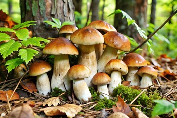 mushroom place. a family of fungi grown on moss. mushrooms in the forest. large view