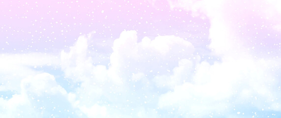 Glamour fairytale vector background with white clouds, pink sky and snowflakes. Watercolor style texture backdrop. Fantasy pastel color illustration for flyers, invitation cards. Christmas background.