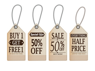Set of price tags, leather sales tags, deals tags, 