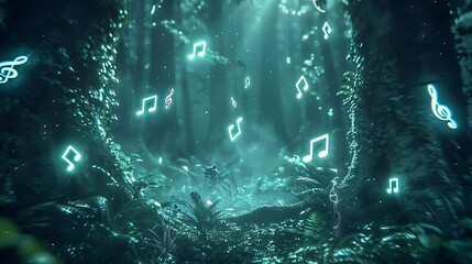 Obraz premium A magical background with glowing, neon music notes floating in a dark, enchanted forest, illuminated by soft, ethereal light.