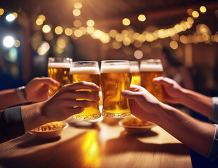 グラスビールを持って乾杯する人々の手
