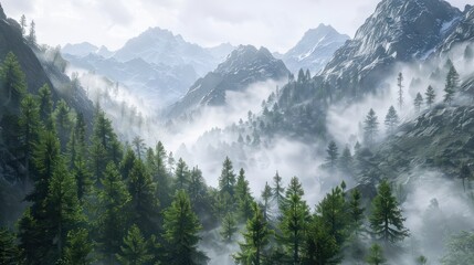 Fototapeta premium Stunning mist covered forest scenery in high elevation mountains