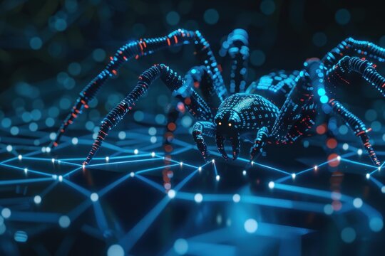 Cyber Microchip Spider Networked On A Digital Data Spider Web Mesh, Artificial Intelligence