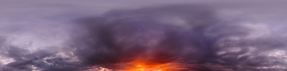 sunset sky panorama with red burning clouds. Seamless hdr 360 pano in spherical equirectangular format. Sky dome or zenith for 3D visualization, sky replacement for aerial drone panoramas
