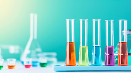 Colorful chemical solutions in glass test tubes in a laboratory setting. Bright background hinting at scientific research and experiments.
