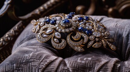 An opulent brooch with sapphire and diamond detailing, placed on a plush velvet cushion.