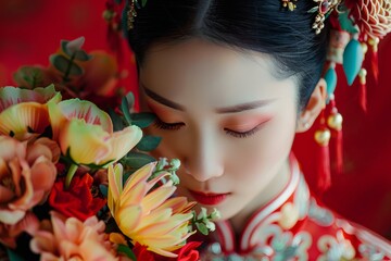 Naklejka premium Serene asian bride in traditional attire with a vibrant floral arrangement
