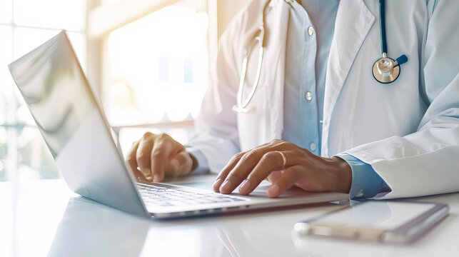 Doctor in white coat typing on laptop at desk. Healthcare professional using technology for medical purposes in bright office.