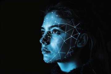 Obraz premium Female face scanned using facial recognition technology Isolated on black background