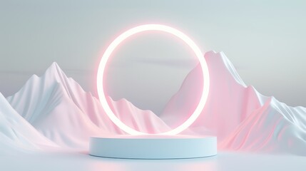 A mountain range is in the background with a pink circle in the foreground