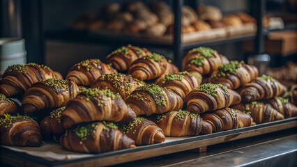 Delicious crispy fresh French pistachio croissants
