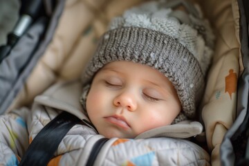Cute little baby boy sleeping in a stroller