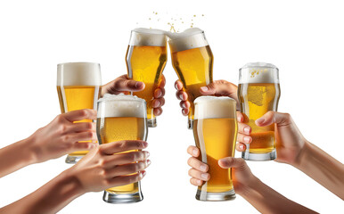 グラスビールを持って乾杯する大勢の人々の手