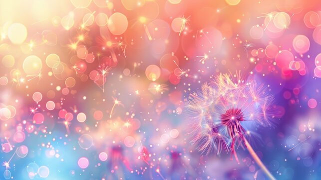 Abstract blurred nature background dandelion seeds parachute. Bokeh pattern.
