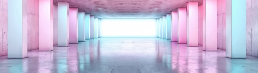 A long, empty hallway with pink, white, and blue pillars