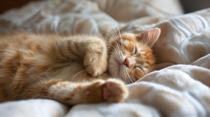 cute sleeping orange cat in house on bed, international cat day