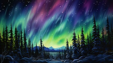 A beautifully illustrated night scene showcases the mesmerizing Northern Lights (Aurora Borealis) dancing across the sky in vibrant hues of green, purple, and blue. The foreground is filled with tall,