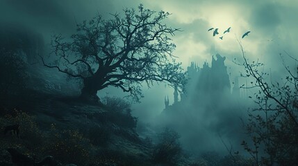 Fototapeta premium The image portrays a dark, ethereal landscape shrouded in mist and gloom. In the foreground, there is a large, twisted, and leafless tree with intricate branches silhouetted against a greenish-hued sk