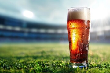 Glass of beer on football stadium background