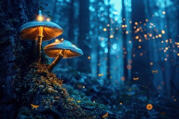 Glowing mushrooms on bark in dark forest with fireflies