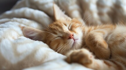 Obraz premium cute sleeping orange cat in house on bed, international cat day