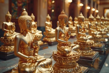 Fototapeta premium Gilded Serenity: Rows of Buddha Statues in a Temple Setting