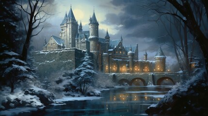 A large, enchanting castle stands majestically in a snowy, forested landscape. The night sky casts a mystical aura over the scene, with clouds partially veiling the moon. The castle, with its numerous