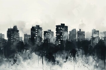 Fototapeta premium Graphic art draw paint ink grey watercolor building modern town city landscape background scene