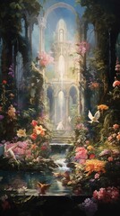 Fototapeta premium A mesmerizing, ethereal scene features a lush, fantastical garden brimming with vibrant flowers of various colors, including pink, red, yellow, and orange. The garden is set around a serene pond with 