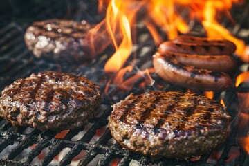 hamburgers and hotdogs cooking on flaming grill