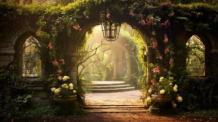 A picturesque garden scene with two stone archways covered in lush green vines and blooming flowers in shades of pink, white, and yellow. Sunlight gently filters through the leaves, illuminating the p