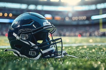 Fototapeta premium helmet of an American football player on the lawn against the backdrop of the stadium. copy space