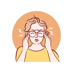 Young woman having headache. A girl in glasses holds her temples, migraine. Hand drawn vector illustration in sketch style. Health problems. Medical brochure template.