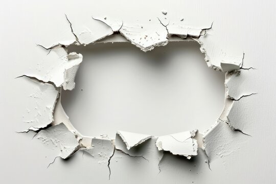 Hole breaking through white wall Isolated on white background