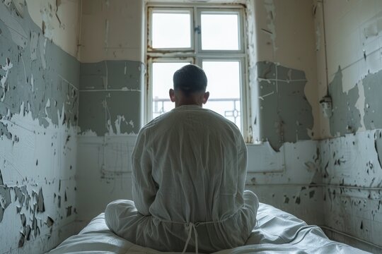 insane patient person on bed looking on wall in straitjacket in abandoned mental psychiatric hospital with white walls