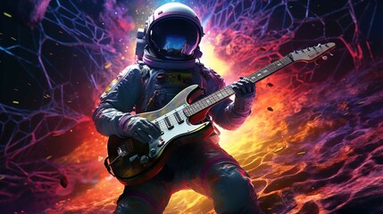 A dynamic image features an astronaut, dressed in a full spacesuit complete with a reflective helmet visor, playing an electric guitar. The background is a visually striking cosmic scene with vibrant,