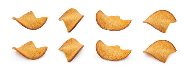 Rye-wheat bread croutons isolated on white background. Set with shadow and without one. Salted crunchy snack close-up.   