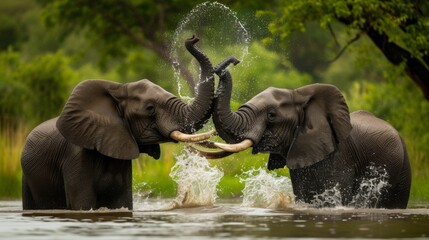 Two African bush elephants playfully splashing in a waterhole