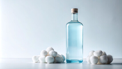 Clear light blue ethyl alcohol bottle. with cotton balls stacked on the side, on isolated white background, Leave space for text,