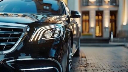 Close-up of a professional driver beside a premium vehicle. Chauffeured transportation