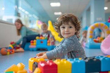 children patients playing in a hospital playroom with toys and games. kid patients in playroom, children health and medication 