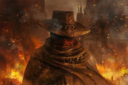 Mysterious post-apocalyptic wanderer in a burning city