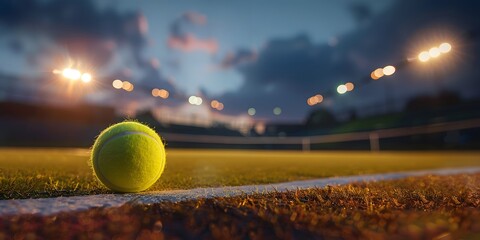 Tennis ball on the court at night with lights in the background. 