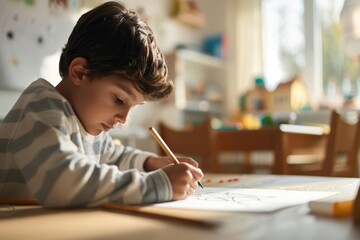 Close-up of a boy drawing in a playroom, intense focus, natural light, photorealistic detail, young artist, cozy home setting, creative expression, detailed scene