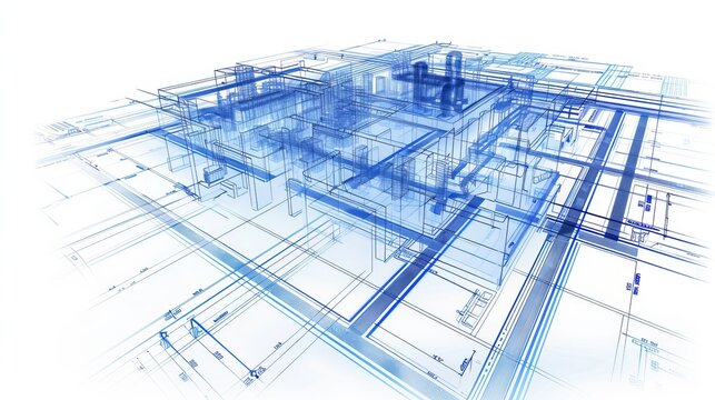 3D illustration blueprint of an architectural ventilation system design