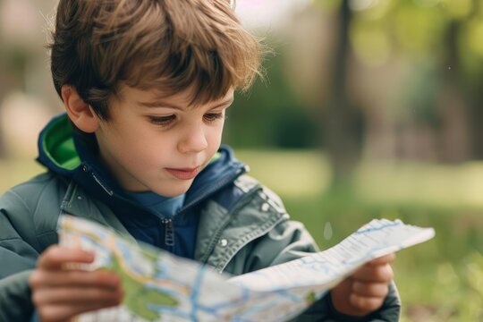 Close-up of a boy exploring a park with a map, focused expression, natural light, photorealistic detail, young adventurer, outdoor setting, discovery, detailed scene