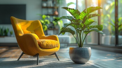 Fototapeta premium Modern interior with yellow chair and indoor plant - generative ai