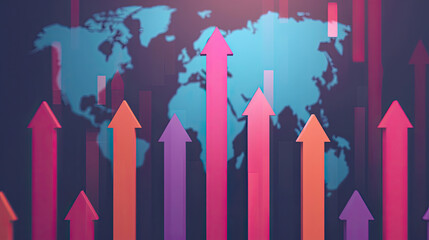 Colorful arrows pointing upward over a world map, representing growth, progress, and positive trends in a global context.